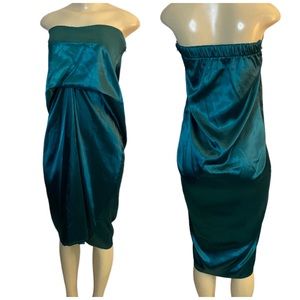 Y2K Pavenes By Phoenix Satin Midi Dress Strapless Teal Color Layered Wrap Sz S/M